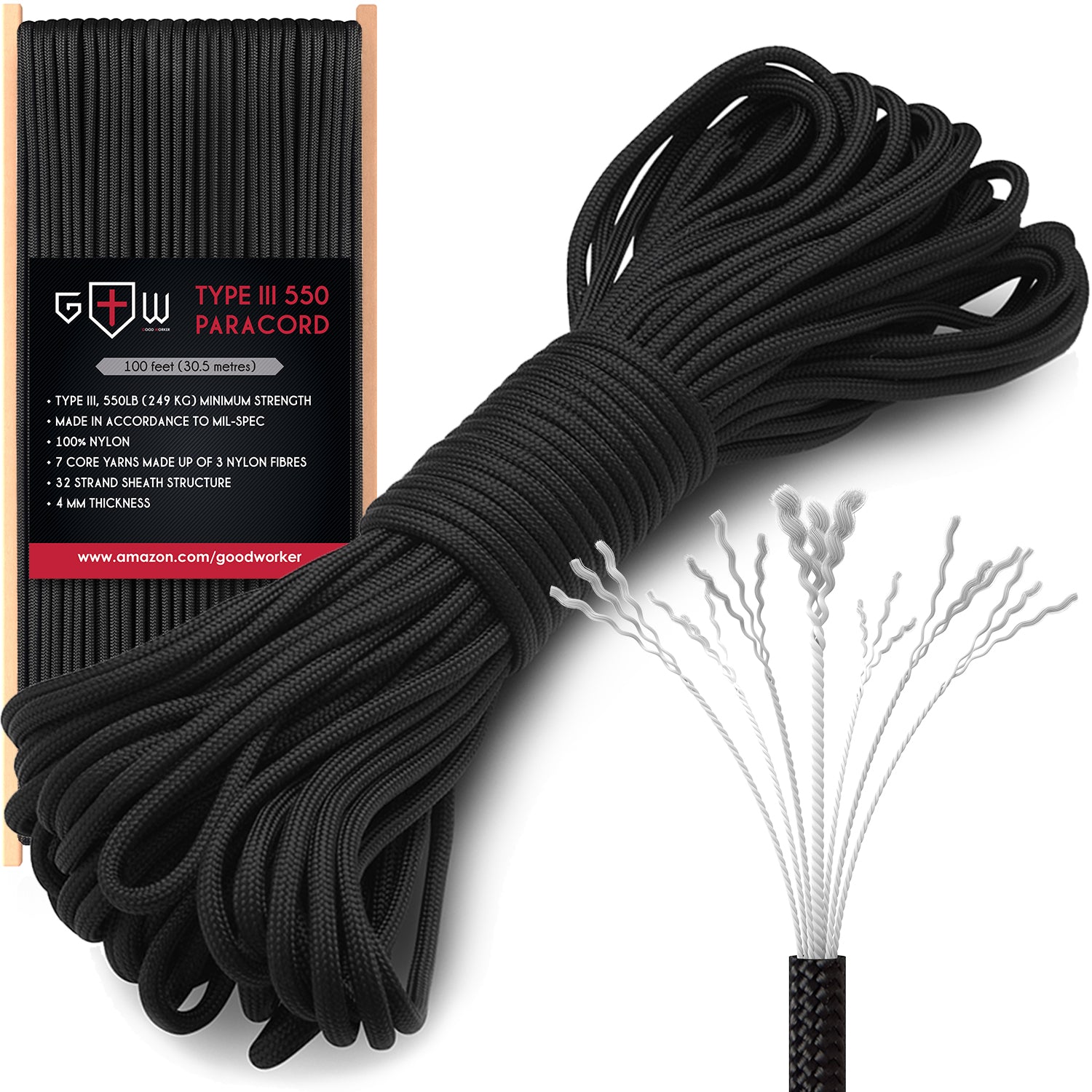 Grand Way 550 Mil-Spec Paracord Type III (100ft; Black)